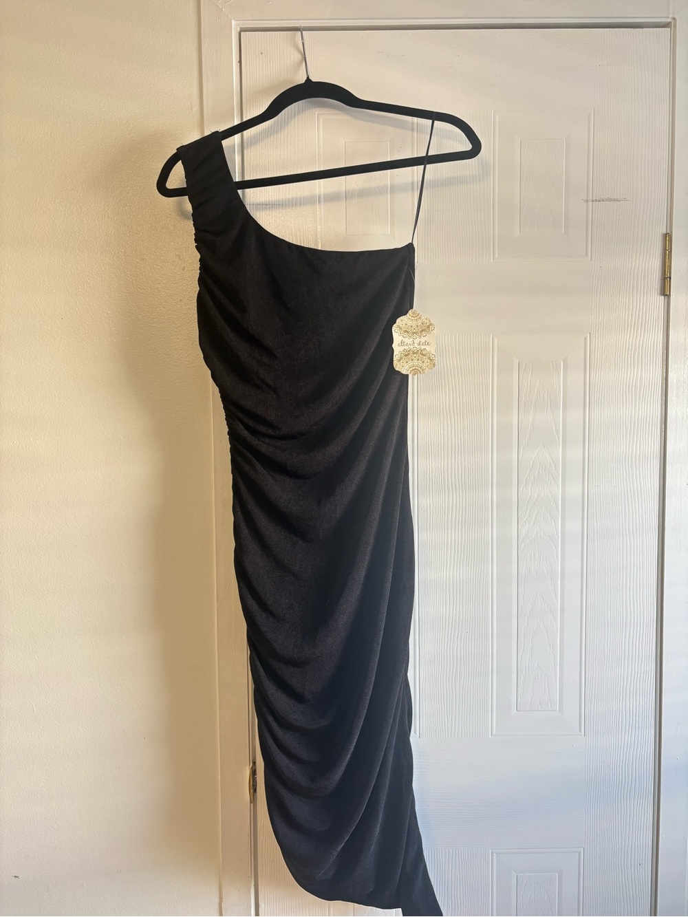 Altarโd State Black Shimmer One Shoulder Ruched Midi Dress Small NWT